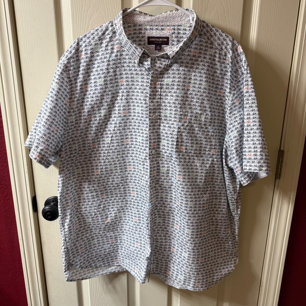 Johnston Murphy Mens XXL Button Down Shirt White Bicycle‎ Print Short Sleeve